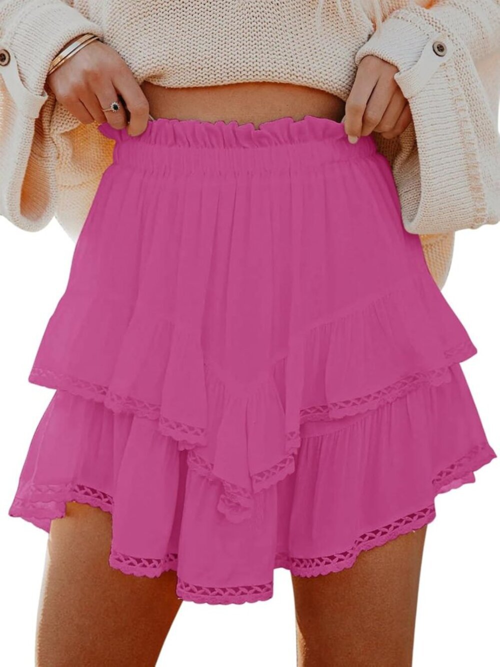 Women's Hot Pink Ruffle High Waist Mini Skirts Golf Tennis Crochet Casual Skorts